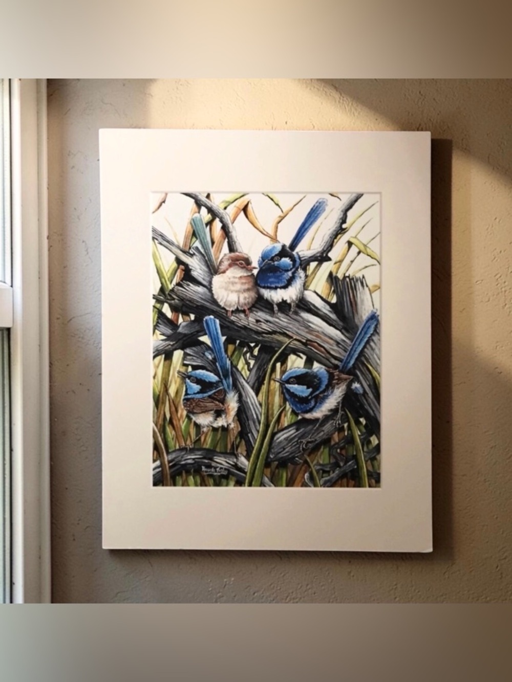 Beautiful Amanda Tuchy ‘Four Wrens’ Blue Birds Print - Picture 3 of 6
